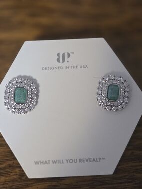 Green Stone Halo Stud Earrings by Unknown Brand